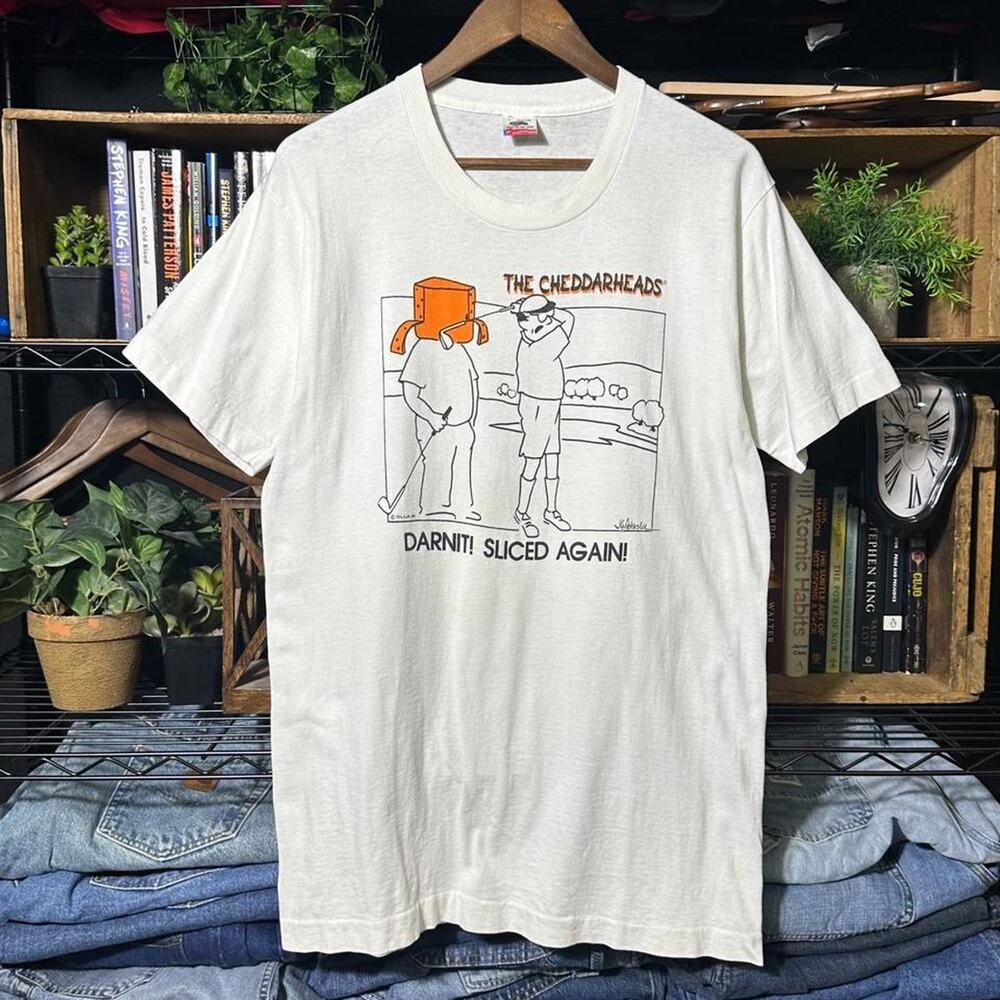 Vintage 90s Single Stitch The Cheddar Head Funny Cartoon Golf Tee Shirt Mens XL